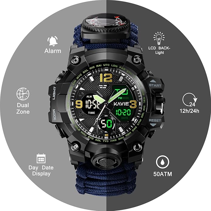 Mens Tactical Military Digital Watch, 23-in-1 Survival Multi-Functional Army Outdoors Waterproof Camouflage Sports Watches Dual Display Analog LED Electronic Wristwatches with Compass Paracord Band