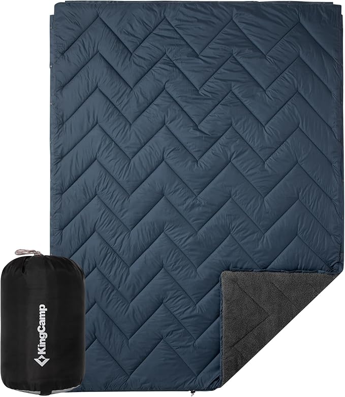 KingCamp Large Camping Blanket with Sherpa Lining, Packable Down Alternative Puffy Printed Wearable Blanket with Snap Buttons, Warm Weatherproof Quilt for Outdoor Travel (79" L x 57" W, Grey/Navy)