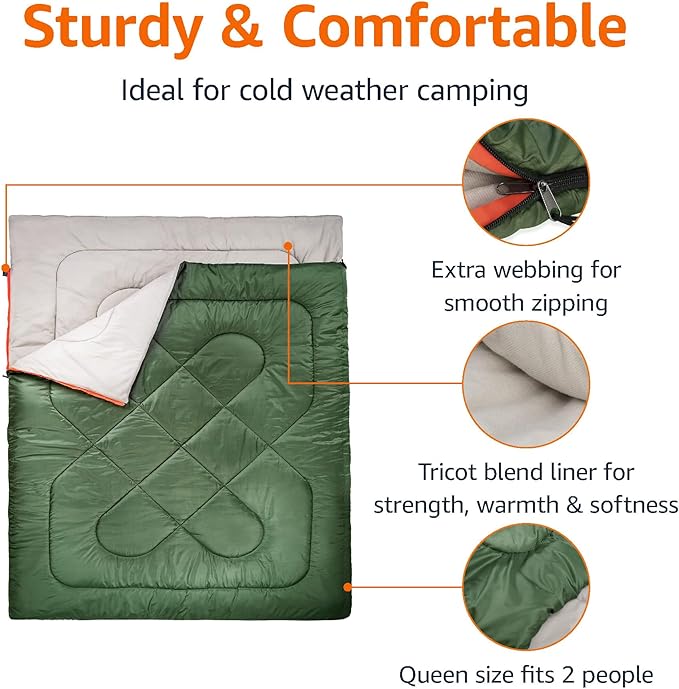 Amazon Basics 40°F Cold Weather Two-Person Sleeping Bag for Outdoor Camping, Queen Size XL, 87" x 59", Olive Green