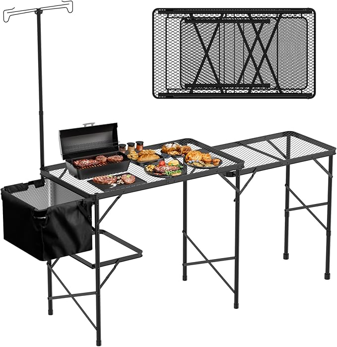 WildFinder Folding Table with Sink and Double Shelf, Camping Table Height Adjustable Folding Grill Table, Portable Outdoor Table for Picnic,Camping,BBQ,Beach,69 x20 x32 Inches(Black)