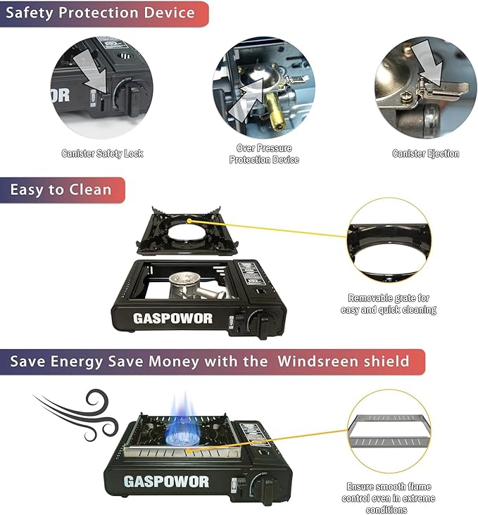 Propane or Butane Stove with Windblocker, Dual Fuel 10,000 BTU Portable Gas stove for Camping, Automatic Ignition Gas Stove with Adapter Hose Carrying Case & Griddle for Hiking (Fuel Not Included)