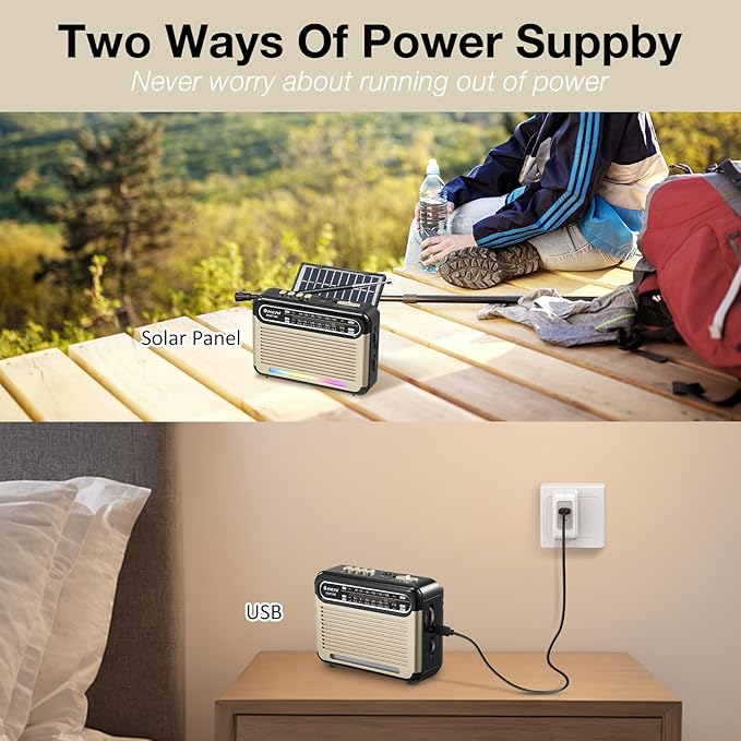G Keni Portable Solar Radio AM FM SW with Rechargeable Battery Operated, Shortwave Bluetooth Radio Strong Reception, USB/TF Card Input, Solar Panel, Big Speaker with Ambient Light (Golden&Black)
