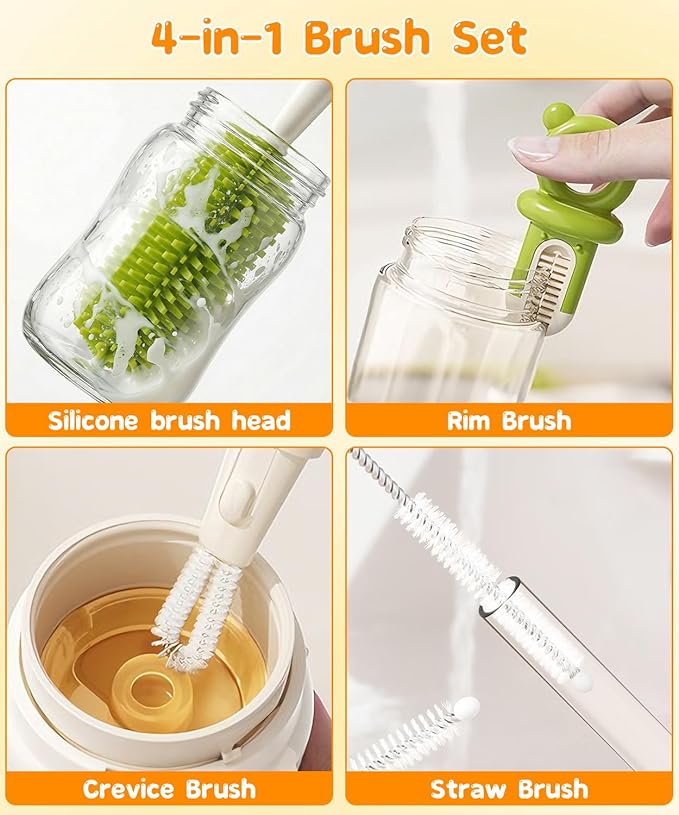 Bottle Cleaning Brush Set 4 in 1, Baby Bottle Cleaner Includes Silicone Bottle Brush, Nipple Brush, Detail Brush & Straw Brush, Portable Long Handle Bottles Scrubber Cleaning Tool, Dishwasher Safe