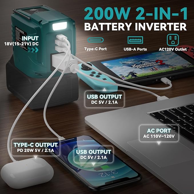 VAXCANZE 200W Power Inverter for Makita, DC 18V to AC 110V Inverter, Portable Power Station with 2 USB Ports & 1 AC Outlet & 1 Type-C Fast Charging, Battery Adapter with LED, Battery Not Included