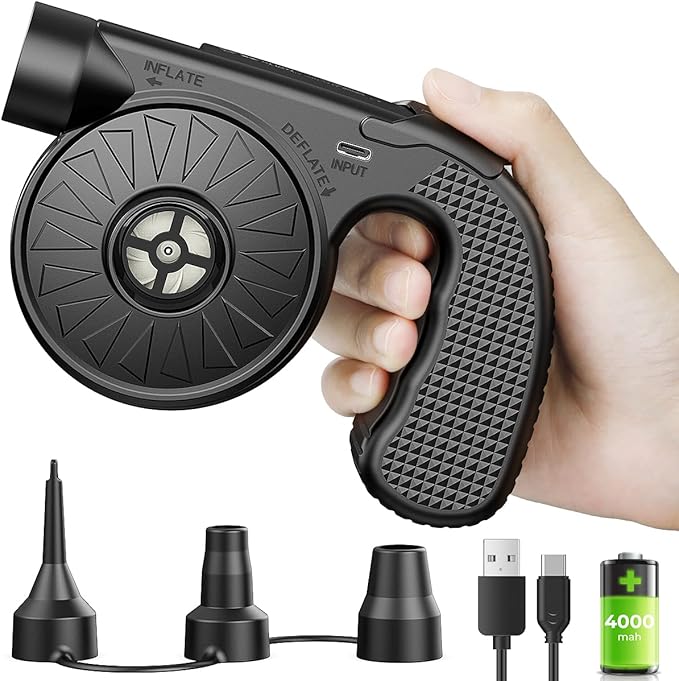 Dr.Meter Air Pump for Inflatables, 4000mAh Rechargeable Air Mattress Pump with 3 Nozzles, Quick-Fill Inflator Deflator Portable Air Pump for Inflatable Pool Floats Raft Bed Boat