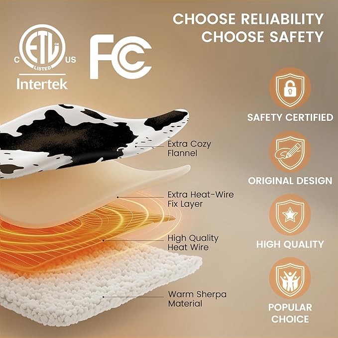 Heated Blanket Throw Blanket - Fast Heating Electric Blanket, Soft Flannel Heated Throw with 4 Time Settings, 10 Heating Settings, Warm Gifts for Women & Mom & Grandma(50"x60"Cow Print White)
