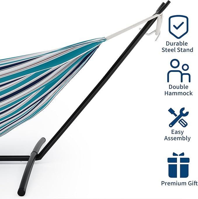 Double Hammock with Steel Stand - 2 Person Hammock Bed Indoor Outdoor, Brazilian-Style, with Carry Bag, 450lb Capacity, Portable & Easy Assembly, Ocean