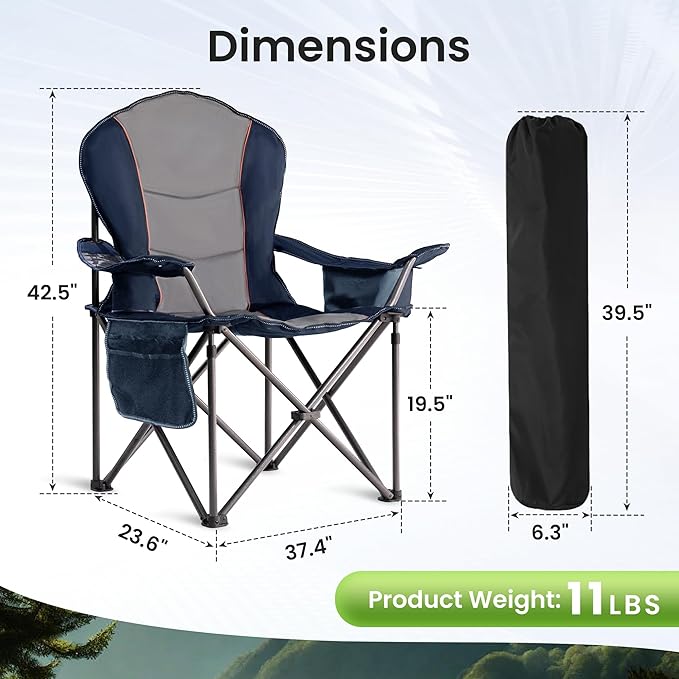 Oversized Camping Chair Heavy Duty- Portable Folding Chair, Cup Holder & Waterproof Phone Case for Adults, Beach, Hiking, Backyard, Blue & Gray，2PCS XL