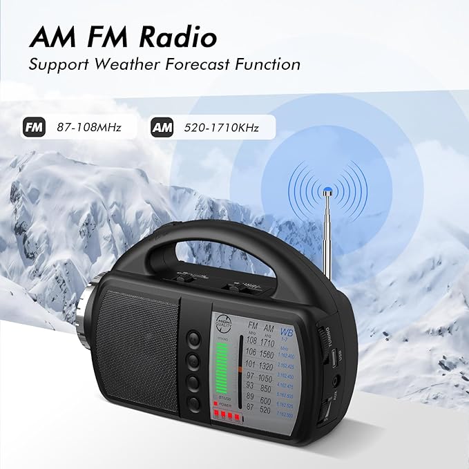 AM FM NOAA Weather Radio,Portable Emergency Radio with Flashlight, Bluetooth 5.0, USB, AUX in Powered by Built-in Rechargeable Battery or 4 AA Battery for Home Indoor Black