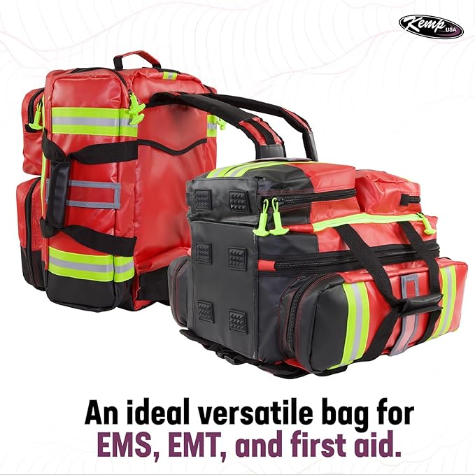 Kemp USA Heavy-Duty EMT Bag, Made with Fluid-Resistant Tarpaulin Material - Emergency Survival Kit with Room for D O2 Tank - Medical Backpack with Multiple Handles (Tarpaulin Fabric Red)