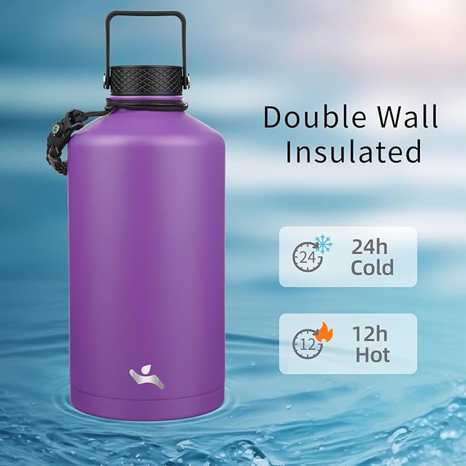 Konokyo Gallon Insulated Water Bottle with Straw,128 oz 3 Lids Water Jug with Carrying Bag,Paracord Handle, Double Wall Vacuum Stainless Steel Metal Flask,Purple