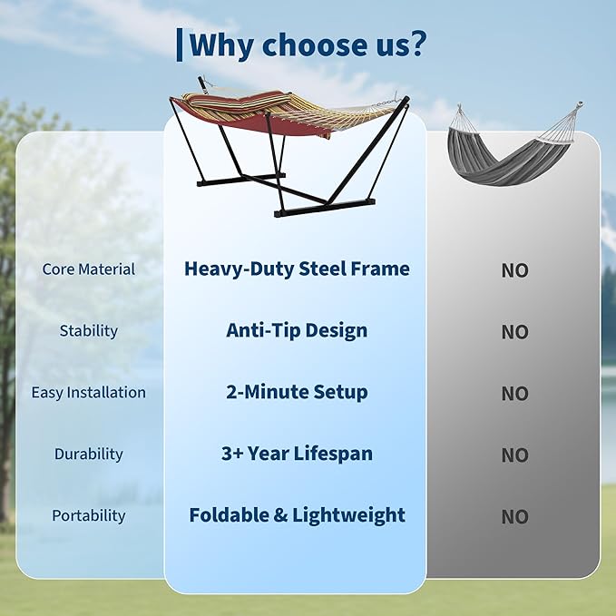 2 Person Double Hammock with Adjustable Steel Stand & Pillow, Heavy Duty Portable Outdoor Hammock Set, MAX 450 LBS Weight Capacity for Patio, Garden, Beach, Backyard