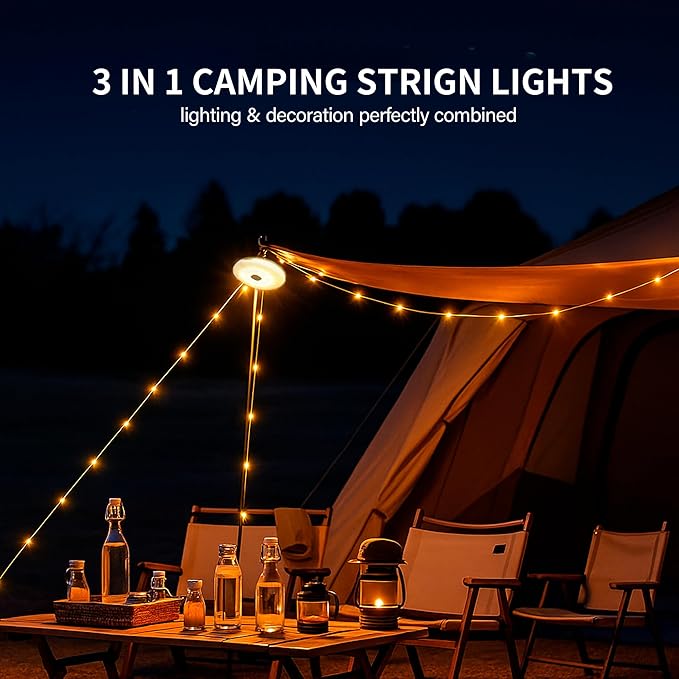 Solar Camping String Lights with 100 LEDs, 33 FT Outdoor Fairy String Lights with 13 Lighting Modes & Timer, Waterproof & Rechargeable, Camping Gear for Tent, Yard, Garden, Hiking, Travel Decor