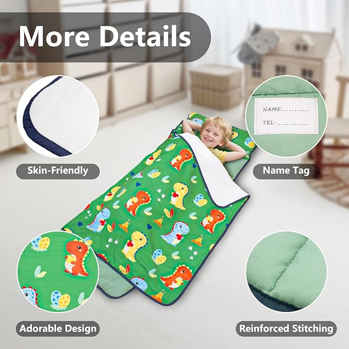 Primlect Lightweight Toddler Nap Mat, Portable Rolled Design Perfect for Daycare Travel, 51”x31 All-in-One Sleeping Bag with Removable Pillow and Fleece Blanket for Boys Girls, Machine Washable
