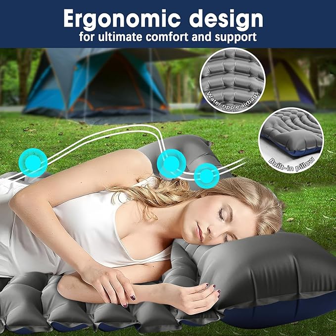 Double Sleeping Pad for Camping - Ultralight Air Mattress with Pillows, Built-in Foot Pump, Compact Inflatable 2-Person Portable Mat for Backpacking, Hiking, Tent, Car Travel, Beach，Road Trip