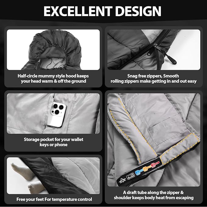 Lightweight 3-Season Sleeping Bag for Adults/Kids Camping, Compact w/Compression Sack, Waterproof Ripstop, Portable for Backpacking Hiking Travel