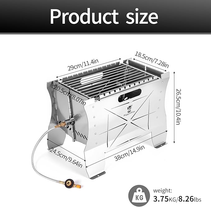 Camping Grill Folding Charcoal Grill,2 in 1 Portable Duel Fuel Charcoal or Gas Grill or Fire Pit,Stainless Steel Camping Barbecue Grill for Outdoor Barbecuing Picnicking with Storage Bag