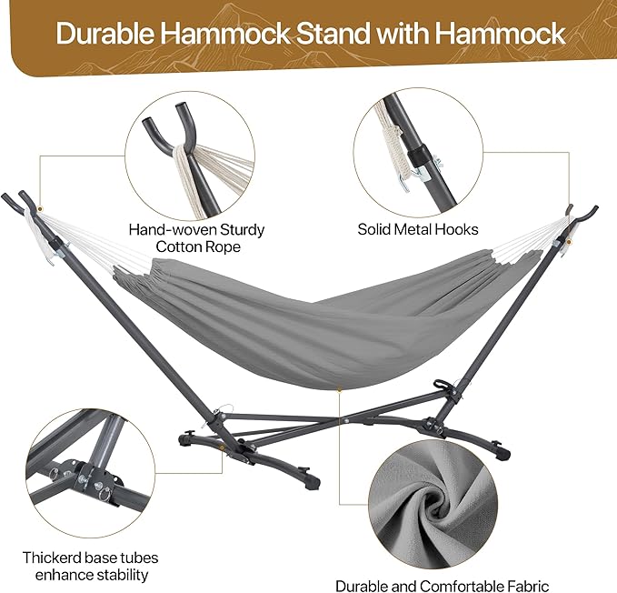 Homgava Portable Hammock with Folding Hammock Stand,Heavy Duty Steel Hammock Stand for Indoor and Outdoor with Carrying Bag,3 Holes for Height Adjustment, 550 LBS Weight Capacity,Grey