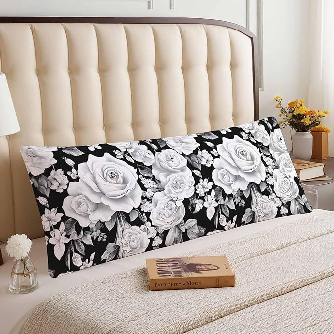 Rose Body Pillow Pillowcase Farmhouse Body Pillow Cushion Covers Floral Peony Roses Black White, 20x54 Inch Bedding Pillow Protectors Large Pillow Cases for Home Couch Sofa