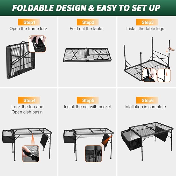 WildFinder Portable Folding Grill Table with Sink for Outdoor, Lightweight Aluminum Frame Folding Grill Stand Picnic Table Camping Cooking BBQ, RV Picnic,2 Heights Adjustable(Black)