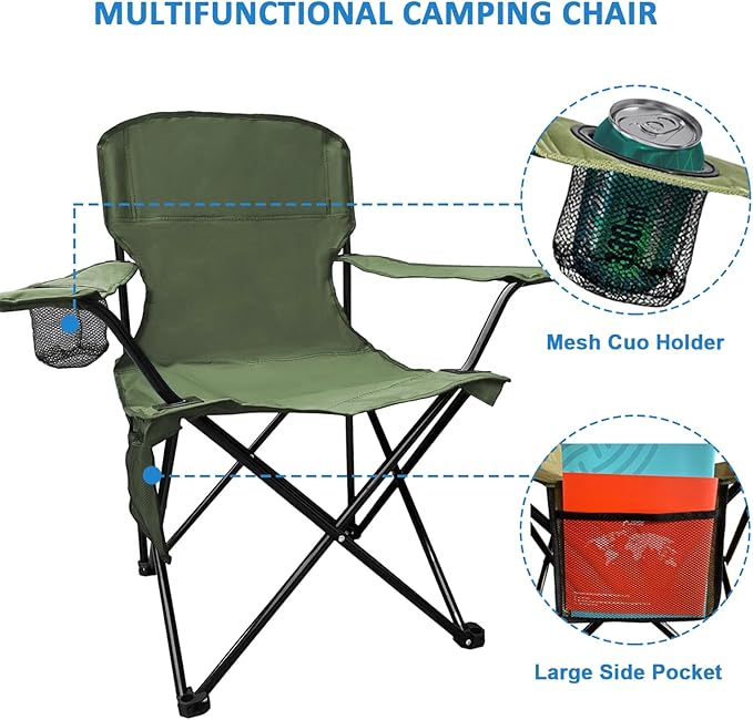 Camping Chair 2 Pack Portable Folding Chair, Supports 300lbs, Lightweight Stable Outdoor Chair for Camping Hiking Fishing Beach Travel Picnic, Compact Collapsible Camping Seat, Olive Green