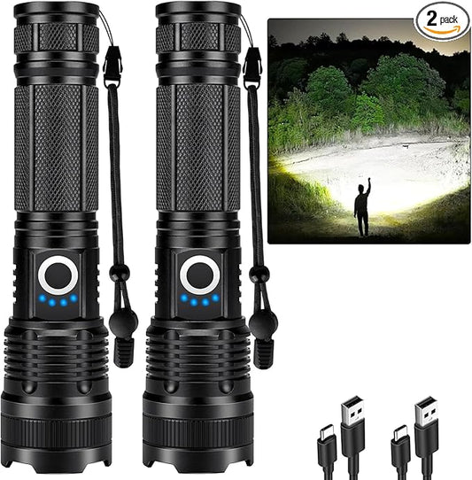 Rechargeable 99,000 High Lumens Flashlight - 2Pack Bright LED Flash Light with 5 Modes, Powerful Waterproof Handheld Lintera for Camping Home