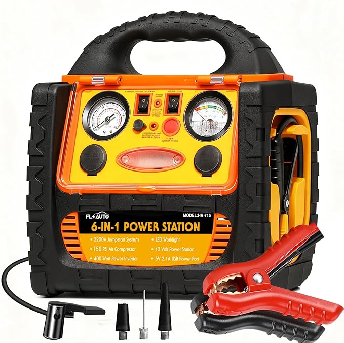 6 in 1 Jump Starter for Up to 8.5L Gas or 8.0L Diesel Engine,Upgraded 2200 Peak Amp 12V Auto Battery Car Starter with Air Compressor 150 PSI Tire Inflator,400 Watt Inverter AC/DC/USB Outlets