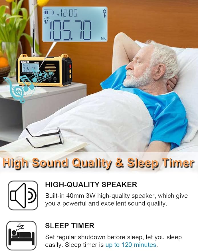ZHIWHIS Emergency Radio with Auto NOAA Alerts, 10000mAh AM FM SW Weather Radios, Hand Crank/Solar/SOS/Flashligh/Reading Lamp/Timer Portable Receiver with Preset, for Emergencies ZWS-905