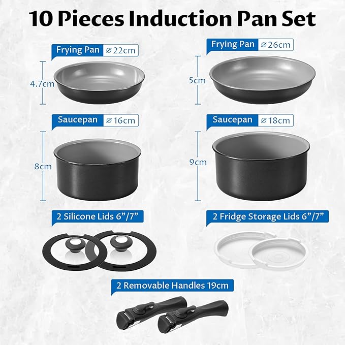 BEZIA Induction Cookware with Healthy Ceramic Coating, Camping Pots and Pans Set Nonstick 10pcs with Detachable Handles, Induction RV Kitchen Set with Removable Handles, Oven Safe