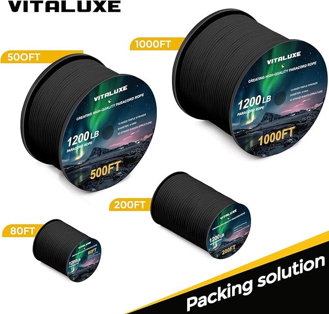 1200lb Paracord Rope, 4.4mm 15 Triple Strands Paracord, Heavy Duty Tactical Parachute Cord for Survival Gear, Camping, Hiking, and Ideal for Bracelets, Lanyards, Type III