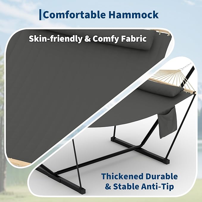 Double Hammock with Stand - Heavy Duty Portable 2 Person Design with Adjustable Steel Stand, Max 450LBS, Ideal for Outdoor Patio, Garden, Beach & Backyard