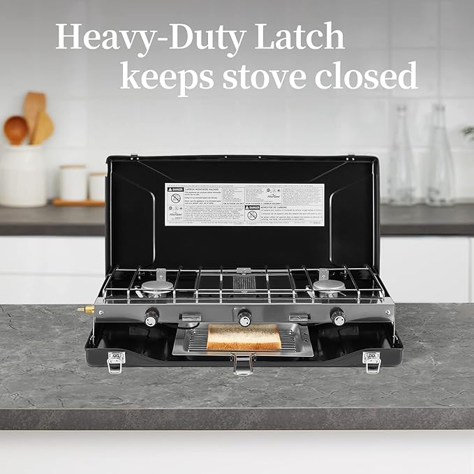 FineFlame Camping Stove, 3 Burners Propane Portable Camp Stove with Regulator, Push-Button Instant Ignition, Adjustable Burners & Wind Guards for Car BBQ Picnics Outdoor Cooking (Black-20400 BTUs)