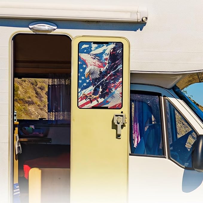 Eagle and American Flag RV Door Window Shade Cover, Foldable Sun Shade Windshield Blackout Shower Curtains Coverage Patriotic Rv Accessories