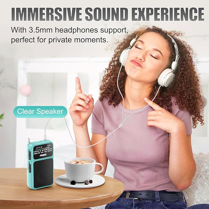 PRUNUS J-555 Pocket Radio AM FM USB-C Charging& Battery Operated, Excellent Reception& Clear Speaker and Headphone Jack, Back Clip, Flashlight, Transistor Radios, Portable Radios AM FM, Mini Radio