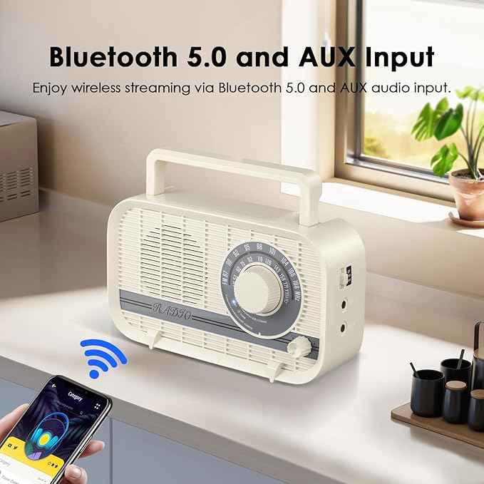 Portable AM FM Radio Plug in Wall or Battery Operated Radio with Best Reception, Bluetooth,Headphone Jack,Large Dial Easy to Use for Seniors Elderly Cream