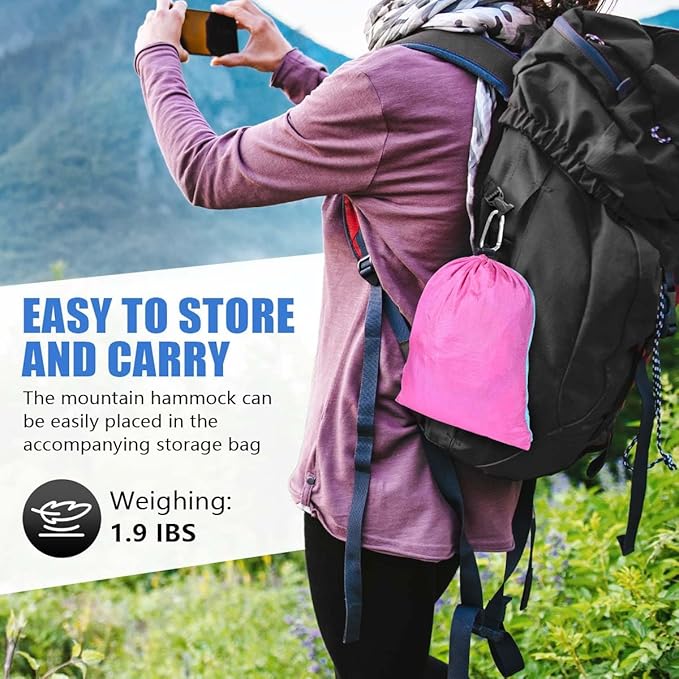 OBTANIM Camping Hammock 500lbs Portable Lightweight Single or Double Hammock with Tree Straps and Carry Bag for Camping Backpacking Hiking Travel Beach Outdoor Indoor (Blue and Pink)