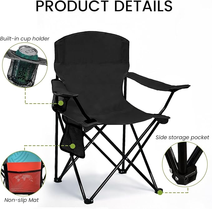 Folding Camping Chair with Cup Holder & Side Storage Bag 300lbs Capacity Lightweight High Back Portable for Beach, Picnic, Sport, Black