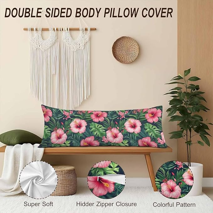 Decorative Home Body Pillow Covers Tropical Leaves, Breathable Body Cushion Cases Hawaii Hibiscus Palms Lumbar Pillow Cover Soft Body Pillowcase for Bedroom Couch Sofa 20x54 Inch Green Red