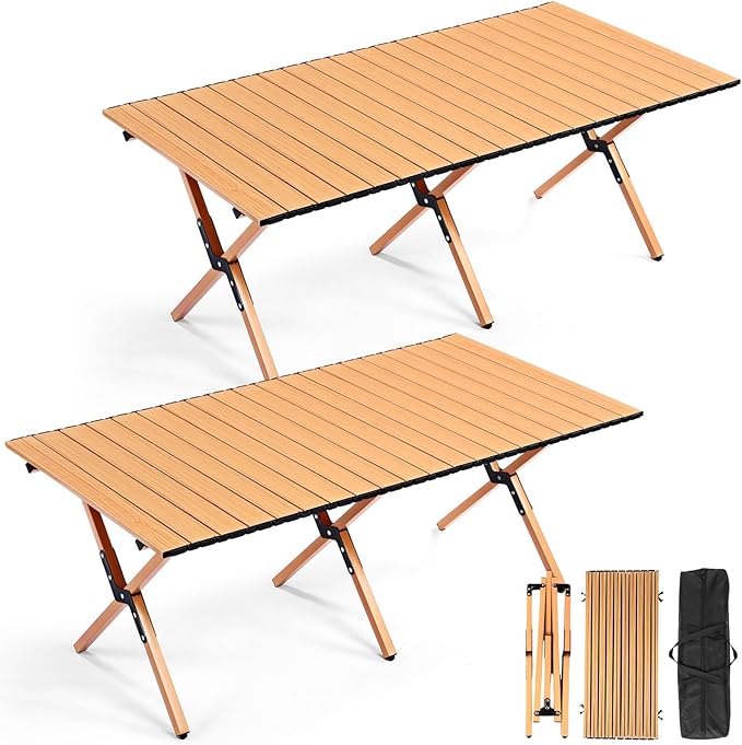 Suzile 2 Pack 4FT Folding Camping Table, Roll Up Portable Camp Table with Carry Bag, Low Collapsible Lightweight Aluminum Outdoor for Camping, Picnic, Beach, Patio, Kitchen(Yellow Wood Color)