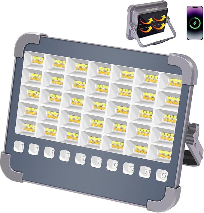 100W LED Rechargeable Work Light, 6000mAh Portable Solar Floodlight with 5 Light Modes, 10,000 Lumens Security Lights, IP66 Waterproof for Camping, Power Outages, Emergency, Hiking, Car Repairing