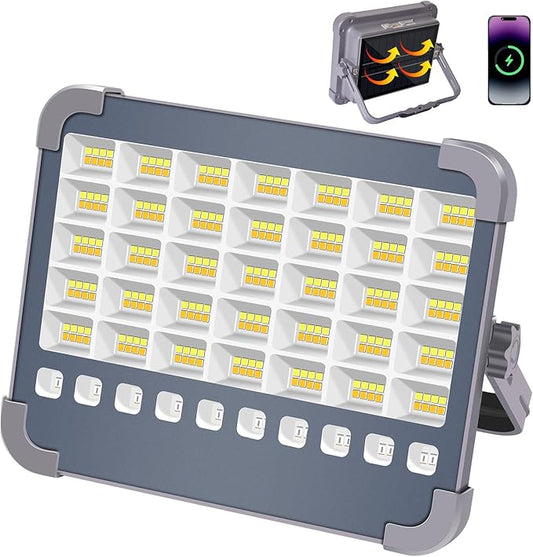 100W LED Rechargeable Work Light, 6000mAh Portable Solar Floodlight with 5 Light Modes, 10,000 Lumens Security Lights, IP66 Waterproof for Camping, Power Outages, Emergency, Hiking, Car Repairing