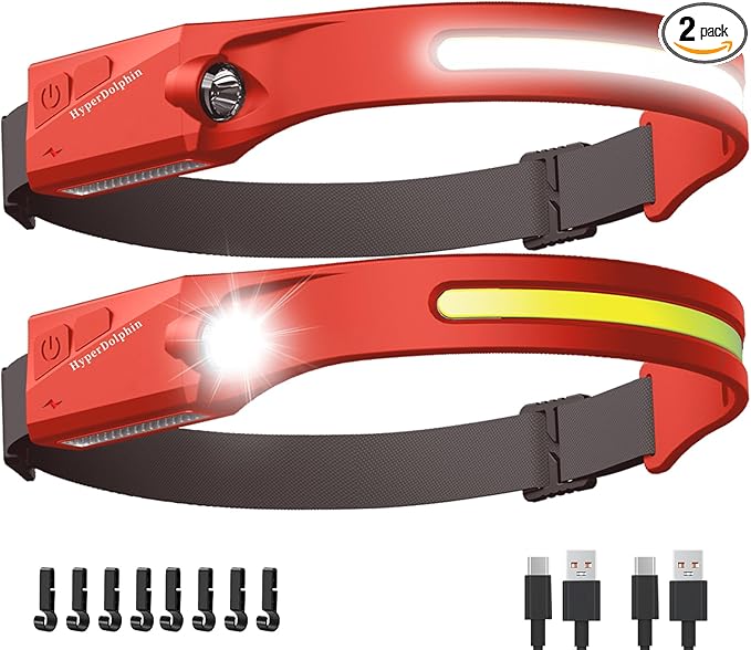 Headlamp Rechargeable LED (2-Pack, Red) 230° Wide Beam, USB-C Lightweight Head Lamp, Long Runtime, Water-Resistant for Camping, Hiking, Running, Fishing, Repair Work