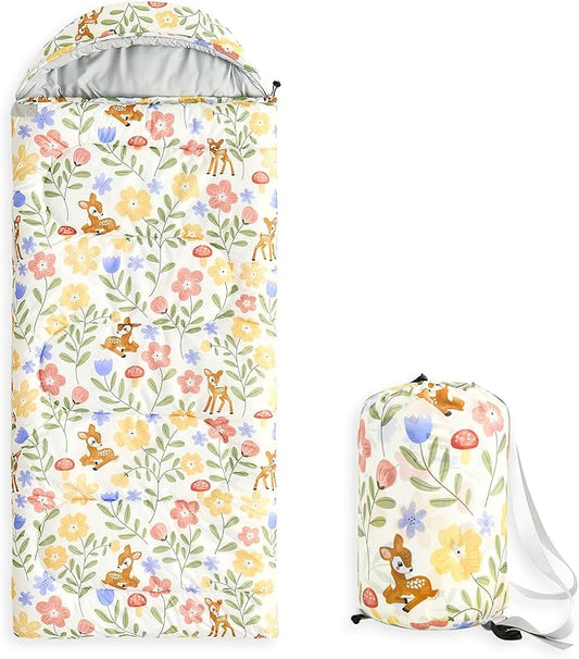 Wake In Cloud - Kids Sleeping Bag for Girls Toddlers, Camping in Warm Cold Weather, Backpacking Lightweight Compact Outdoor Liner for 3 Seasons, Deer Floral Garden