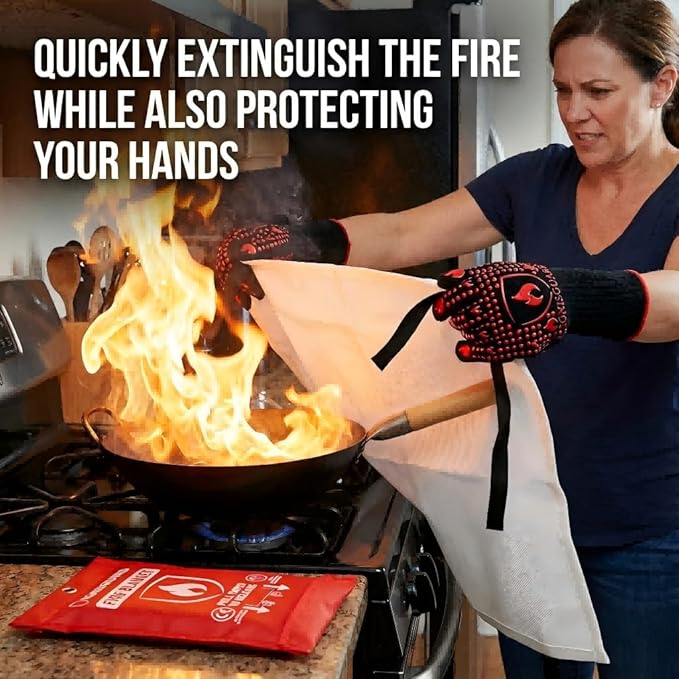 2-Pack Fire Blanket for Home and Kitchen, Includes 1 Fire Resistant Glove and 2 Hooks, Fire Blankets Emergency for Home Safety, Emergency Fire Blankets Suppressant Kit