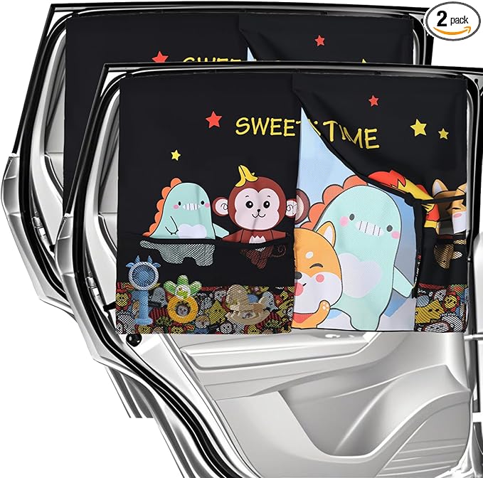 Car Window Shades for Baby, 2 Pack Magnetic Double Layer Car Sun Shade Baby with Storage Pockets, Adjustable Privacy Blackout/See-Through Cartoon Pattern Window Curtains for Kids UV Protection
