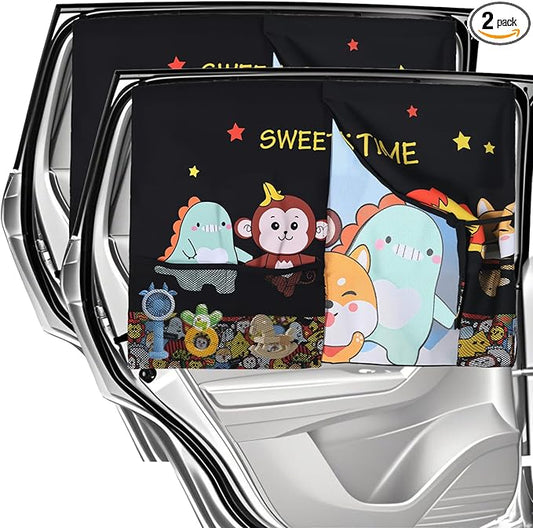 Car Window Shades for Baby, 2 Pack Magnetic Double Layer Car Sun Shade Baby with Storage Pockets, Adjustable Privacy Blackout/See-Through Cartoon Pattern Window Curtains for Kids UV Protection