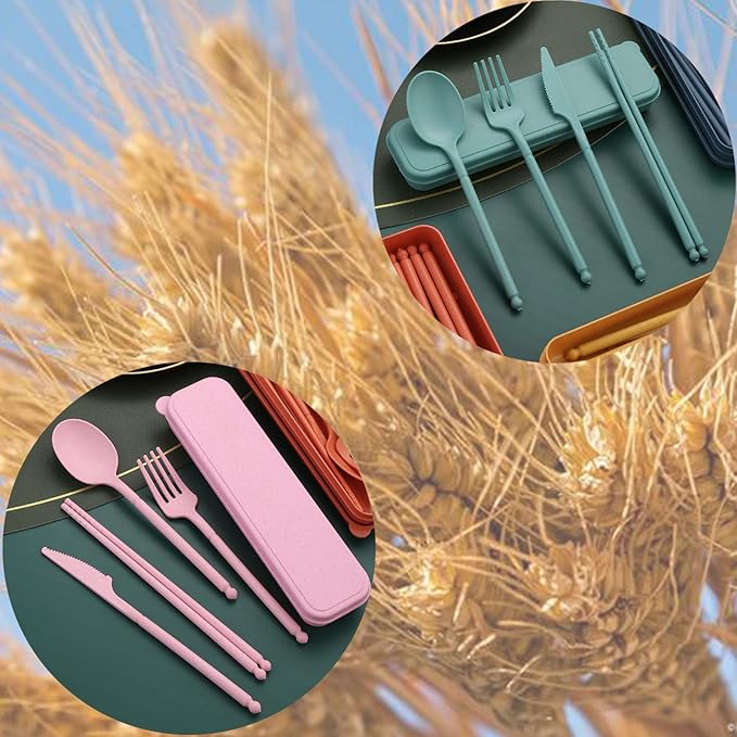 8-Color Wheat Straw Portable Utensil Set with Case – Reusable Travel Cutlery Set for Camping, Office, Picnic – Includes Spoon, Fork, Knife, Chopsticks