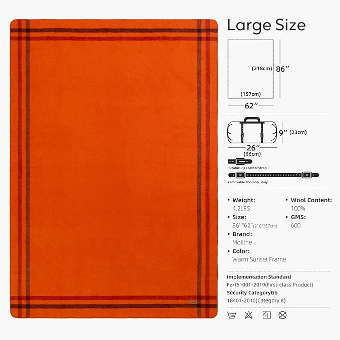 Molithe 100% Wool Blanket, 62" x 86", Warm, Thick, Washable, Military Wool Blanket, Great for Camping, Outdoors, Sporting Events, Survival Kits Warm Sunset Frame