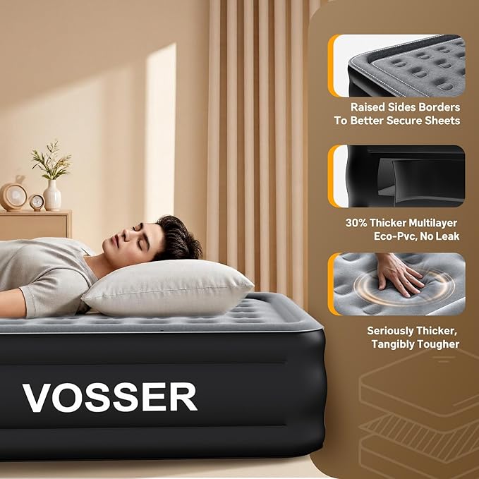 VOSSER Air Mattress Queen with Built in Pump,Updated Blow Up Mattress in 3 Mins,18'' Raised Self Inflatable Mattress,Portable Airbed for Home,Floor&Camping,Queen Size Air Matress for Adults,660LB Max