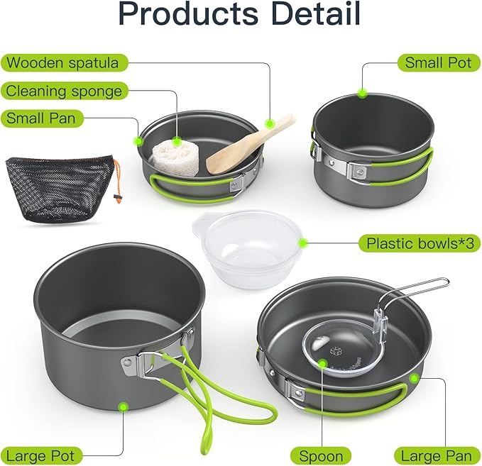 Lixada Camping Cookware Set,11PCS Camping Cookware Mess Kit with Non-Stick Lightweight Pot Pan Bowls Set for Outdoor Camping Backpacking Outdoor Picnic